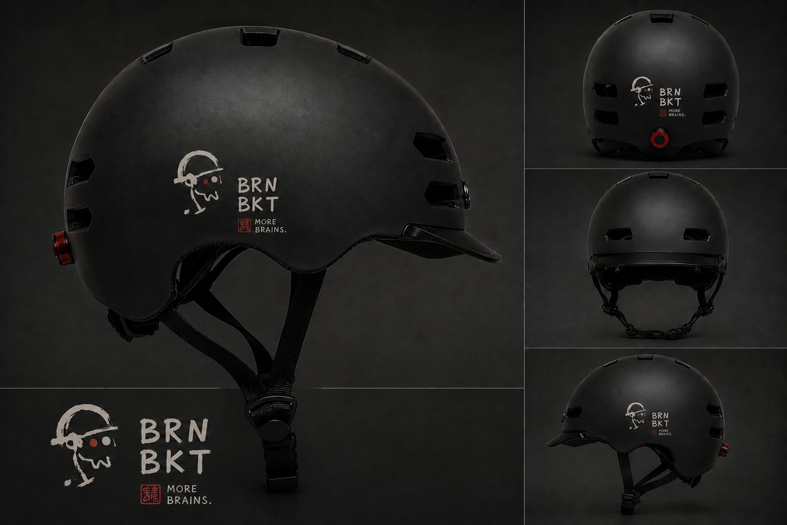 BRN BKT matte black e-bike helmet shown from four angles